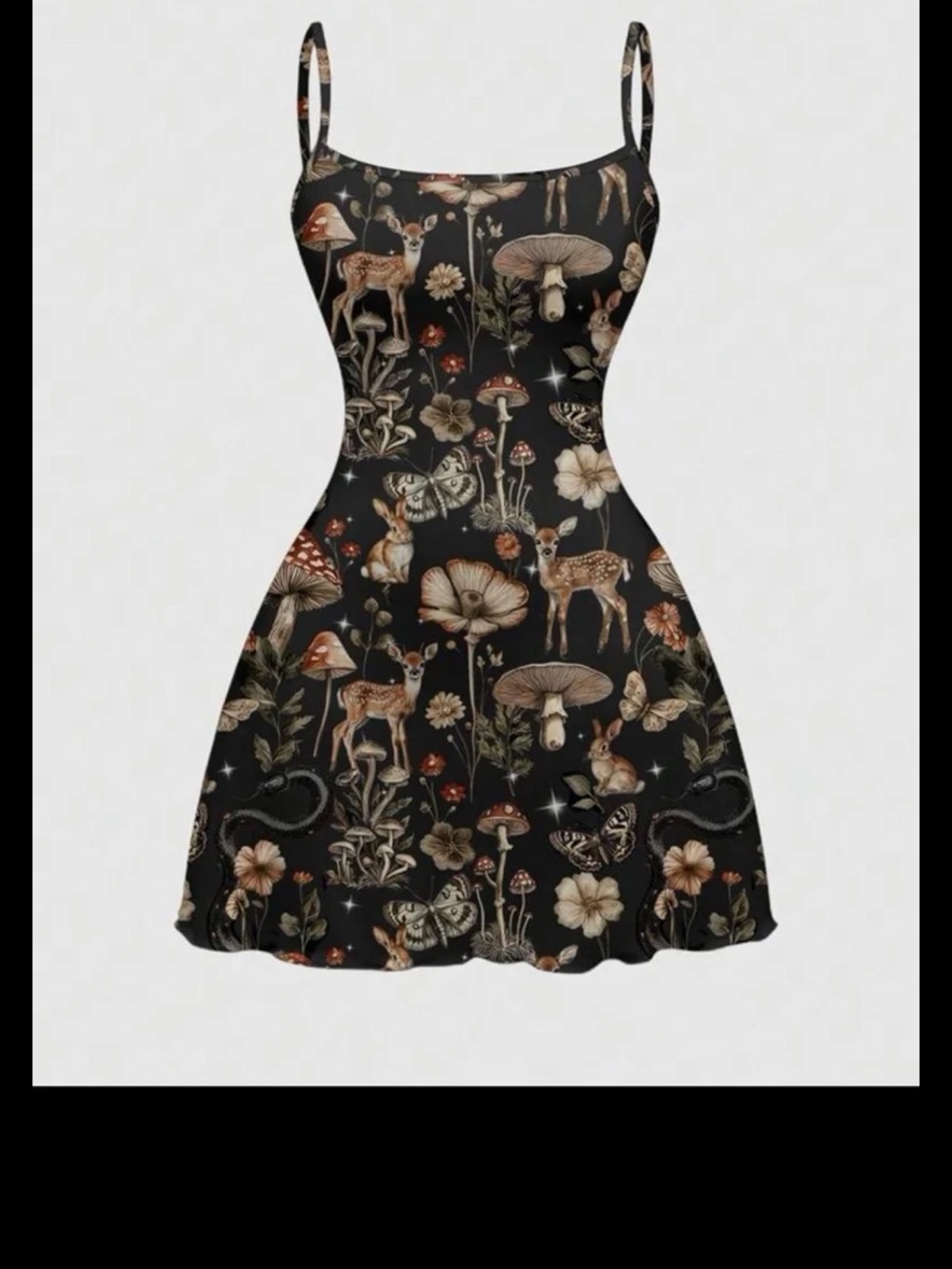 Black Floral & Deer Print Spaghetti Strap Dress